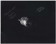 Fred Haise and James Lovell Signed 20'' x 16'' Photo of Apollo 13's Damaged Service Module -- Lovell Adds, ''Houston, we've had a problem!''